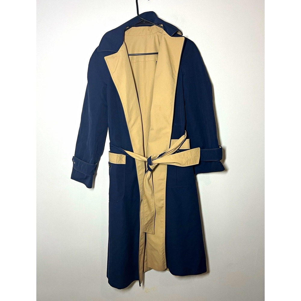 VTG Etienne Aigner Women's Beige/Navy Reversible Long Belted Trench Coat Sz M